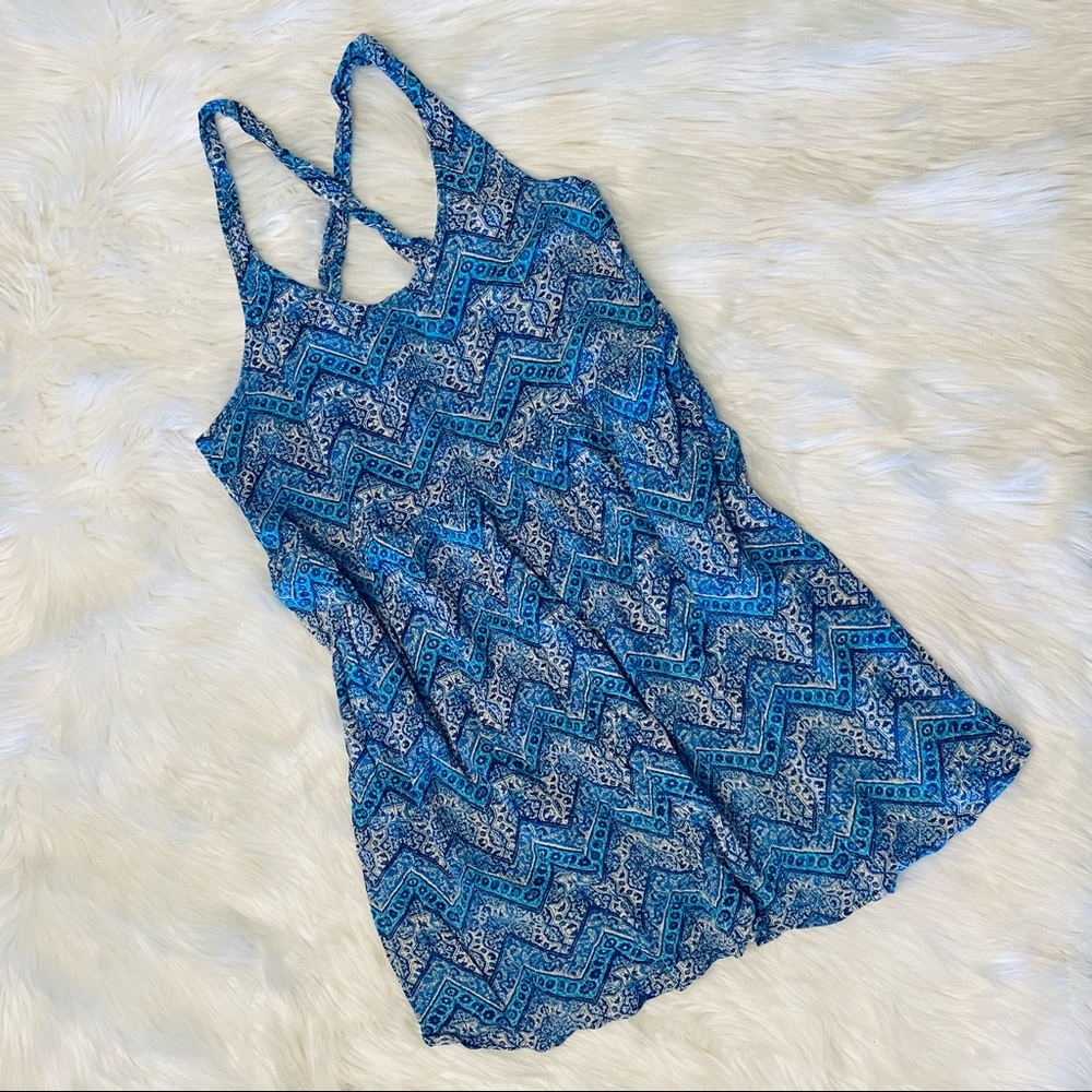 Forever 21 Blue Scoop Neck Patterned Strappy Criss-Cross Back Boho Tank Top